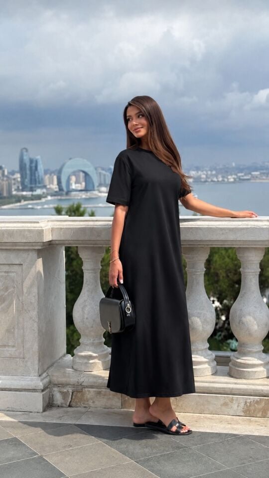 Kristal Kumaş Maxi Boy Elbise Siyah