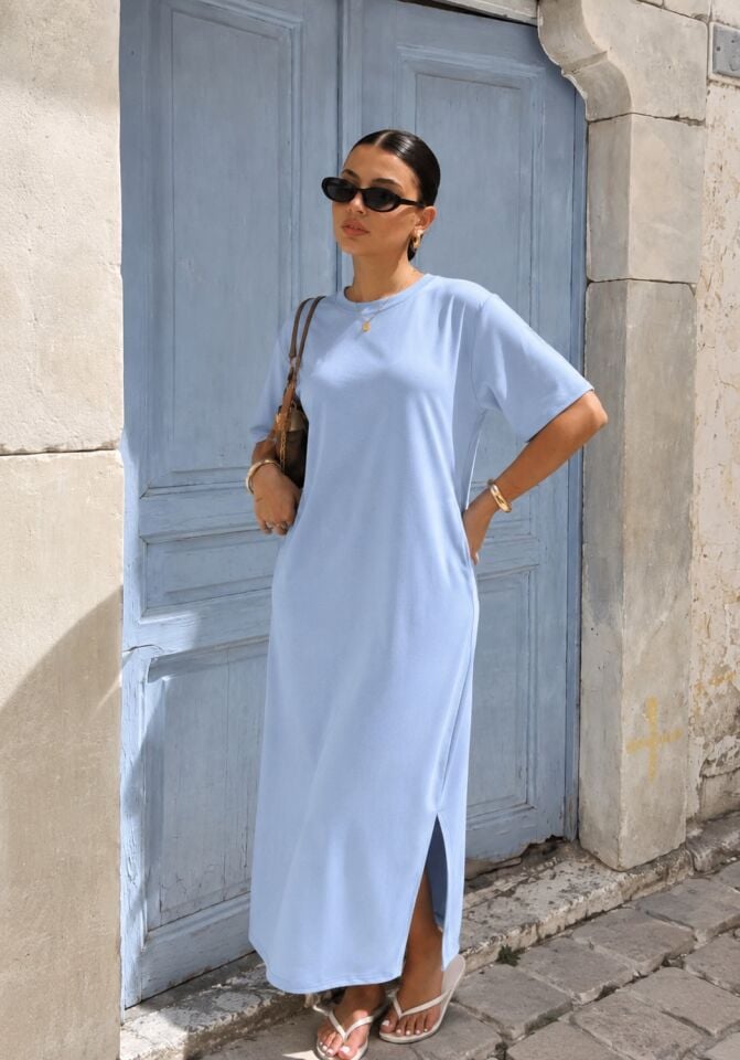 Kristal Kumaş Maxi Boy Elbise Mavi